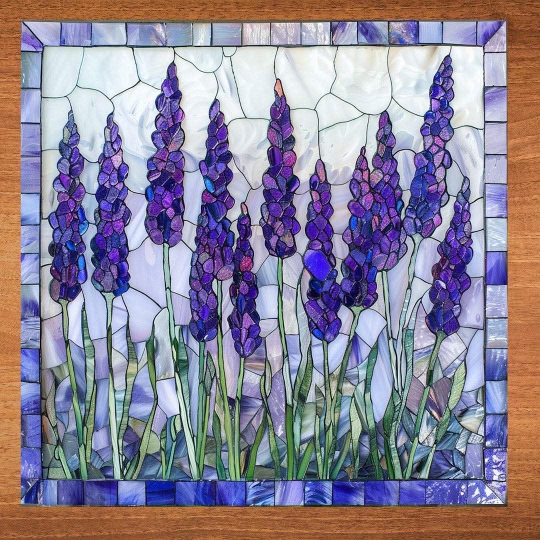 Stained glass mosaic of purple lavender flowers with green stems in decorative frame