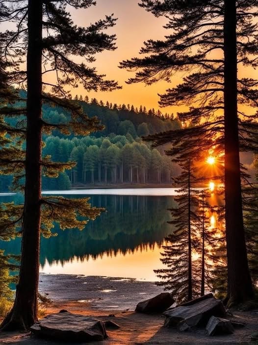 Sunset through pine trees over a calm forest lake with reflections and rocks on the shore