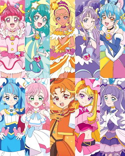 Ten anime magical girls in colorful costumes arranged in two rows with stars and sparkles in the background