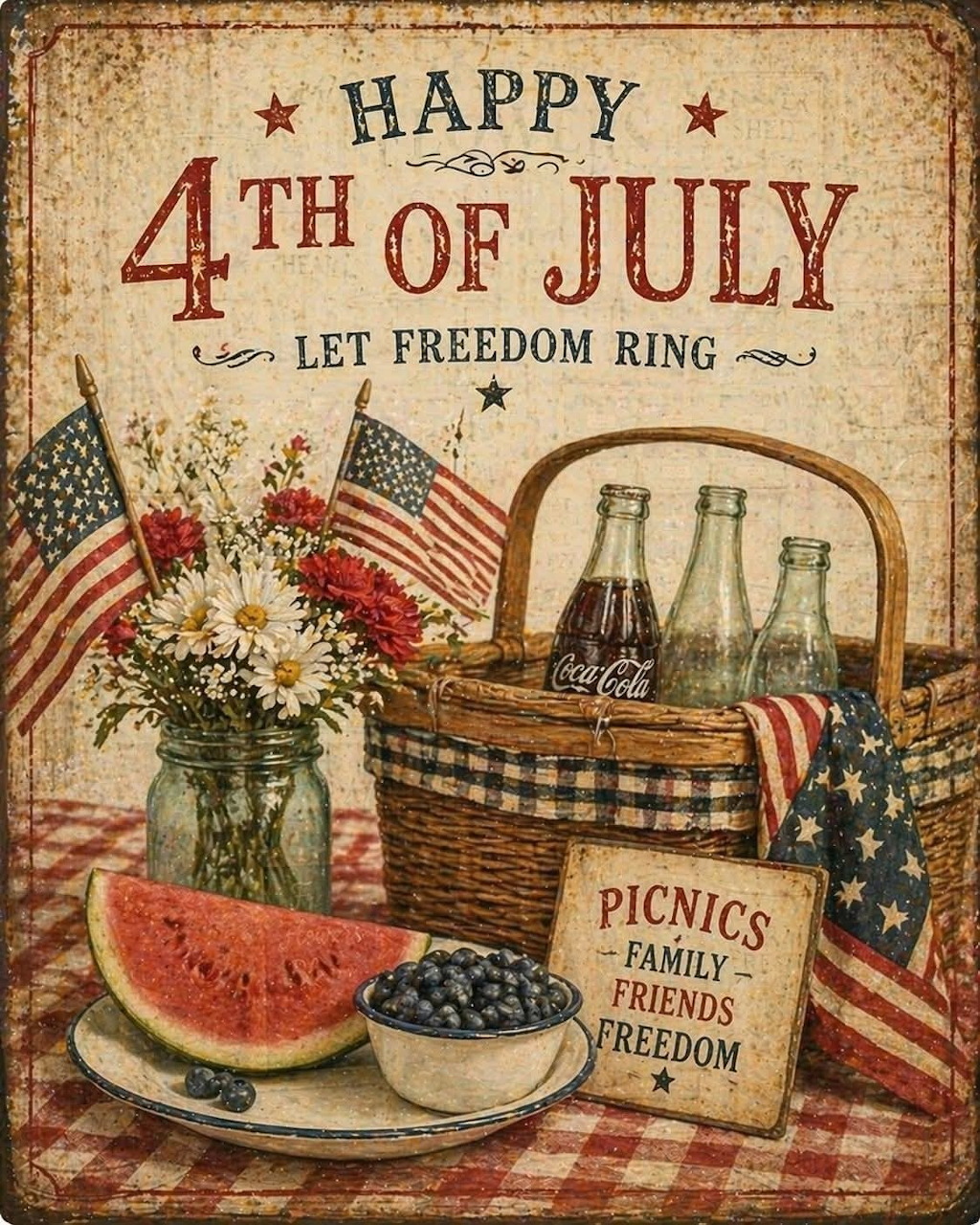 Vintage 4th of July still life with flags, flowers, picnic basket, watermelon, and blueberries