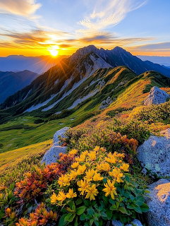 Sunset over an alpine mountain ridge with yellow wildflowers and rocky grassy slopes
