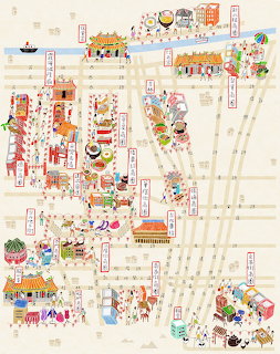 Illustrated map of Taipei with colorful cartoon landmarks, food, markets, and streets