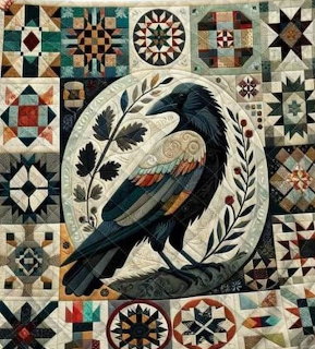 Quilted artwork with black raven centerpiece framed by laurel wreath, bordered by traditional geometric quilt blocks