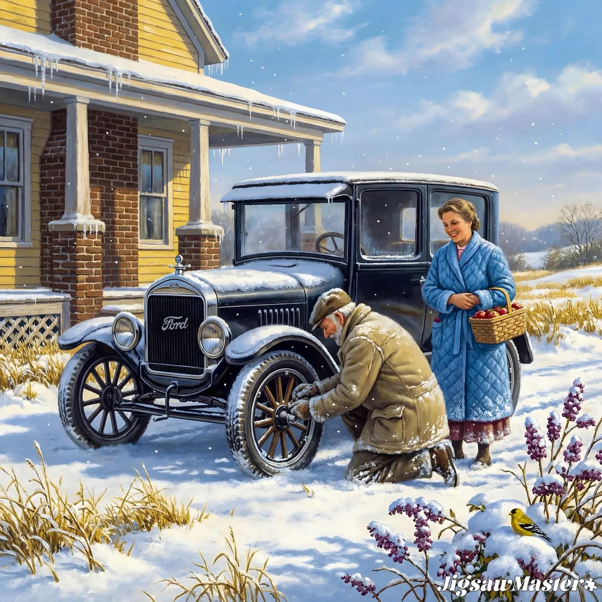 Vintage black car in snow beside brick house with two people in winter clothing, nostalgic country scene