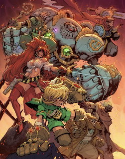Colorful comic illustration showing Marvel characters in dynamic combat poses with red and orange tones