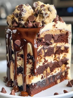 Tall layered chocolate cake topped with cookie dough ice cream and dripping chocolate ganache