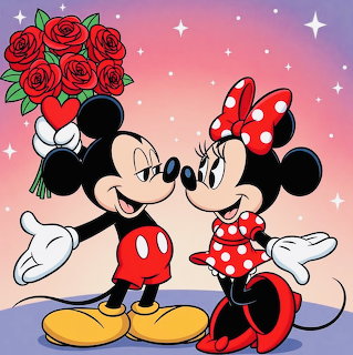 Mickey Mouse with bouquet of roses and Minnie Mouse in red polka dot dress standing together on pink starry background