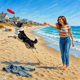 Woman throwing red frisbee to jumping border collie dog on sandy beach with ocean and houses