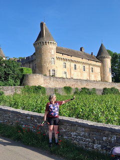 Medieval stone castle with towers rising above vineyard in France, two people in foreground