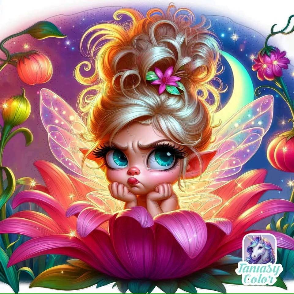 Cute fairy with blue eyes and iridescent wings sitting in a purple lotus flower with glowing orbs and colorful background