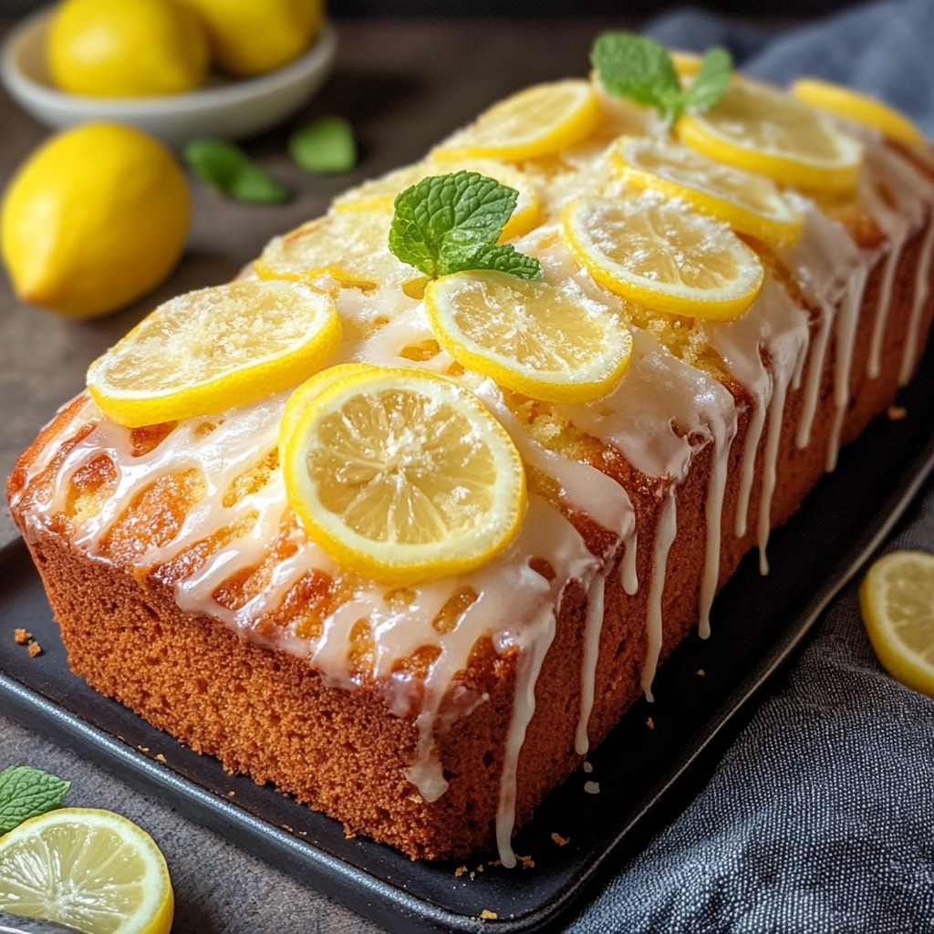 Glazed lemon loaf cake decorated with lemon slices and mint on a black plate with whole lemons around it