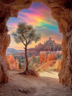Bryce Canyon rock formations viewed through natural arch with tree and rainbow sky