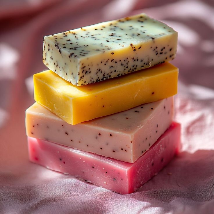 Stack of four colorful handmade soap bars with speckles on pink draped fabric