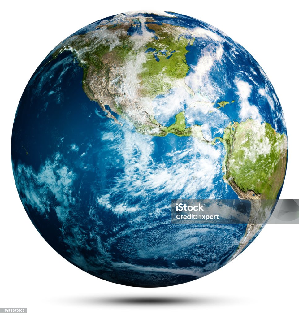 3D rendered globe showing Earth with Americas, blue oceans, and cloud formations