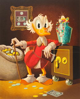 Scrooge McDuck cartoon character standing next to open safe with gold coins spilling out