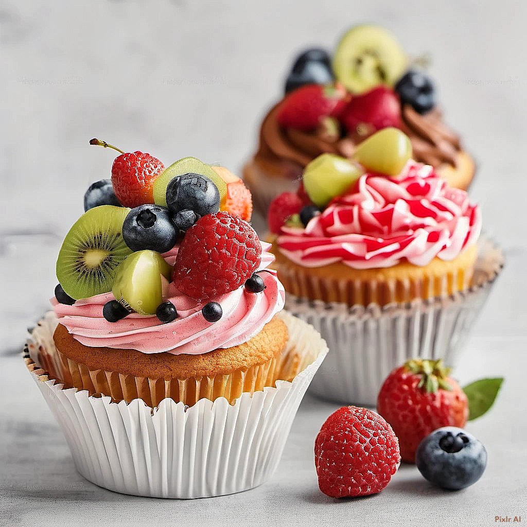 Three decorated cupcakes topped with fruit and pink frosting on a light marble surface
