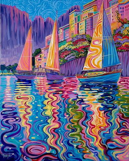 Colorful painting of sailboats on bright reflective water beside a coastal village