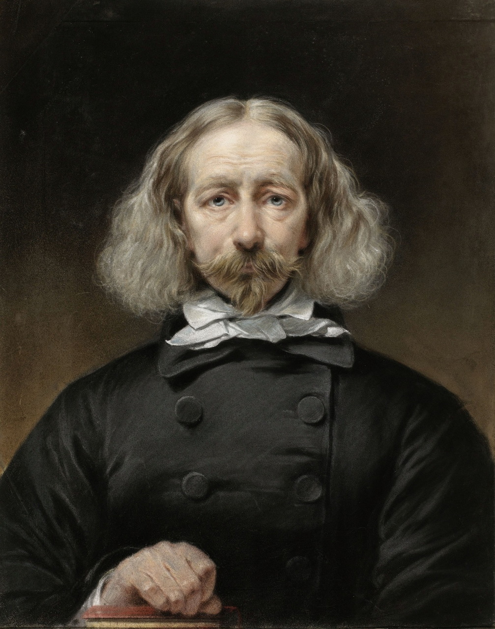 Classical painted portrait of a middle-aged man with gray hair and goatee wearing a dark Victorian coat
