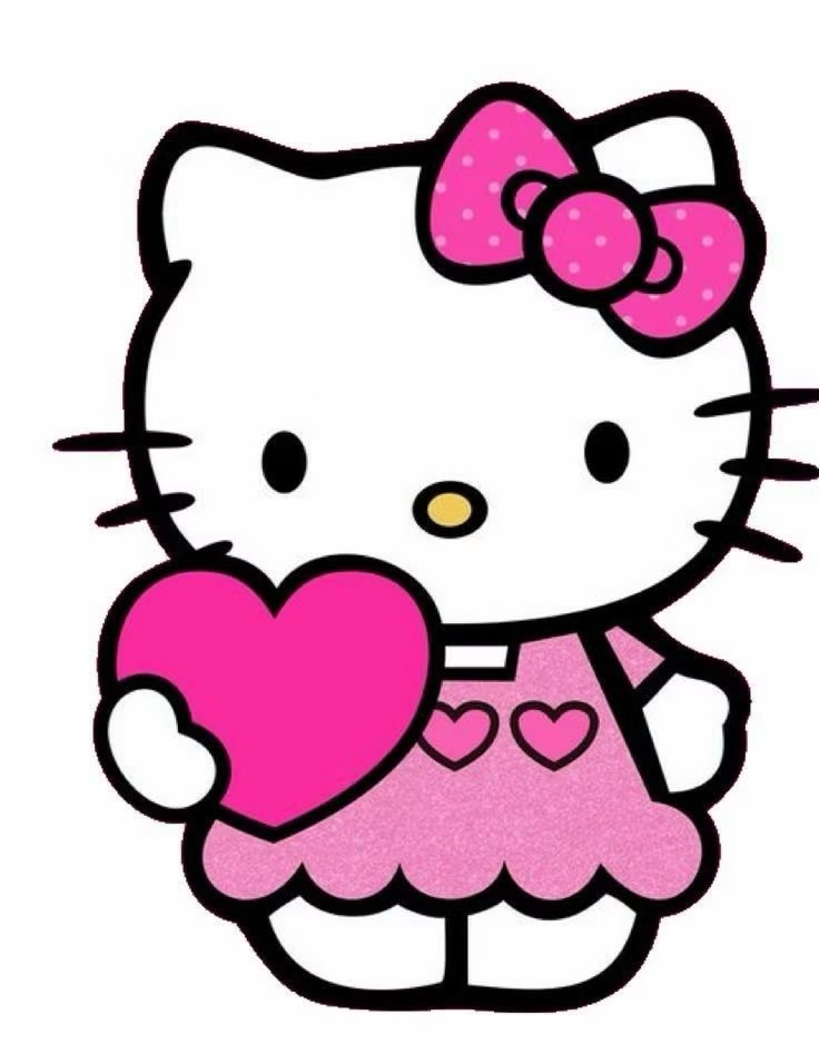 Hello Kitty in a pink dress and bow holding a pink heart