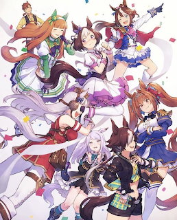 Group of anime horse girl characters in colorful outfits posing together with confetti