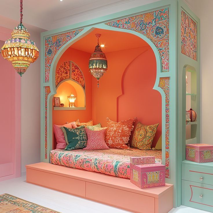 Colorful bedroom nook with ornate Moroccan arch, lanterns, and patterned cushions in pastel and orange tones