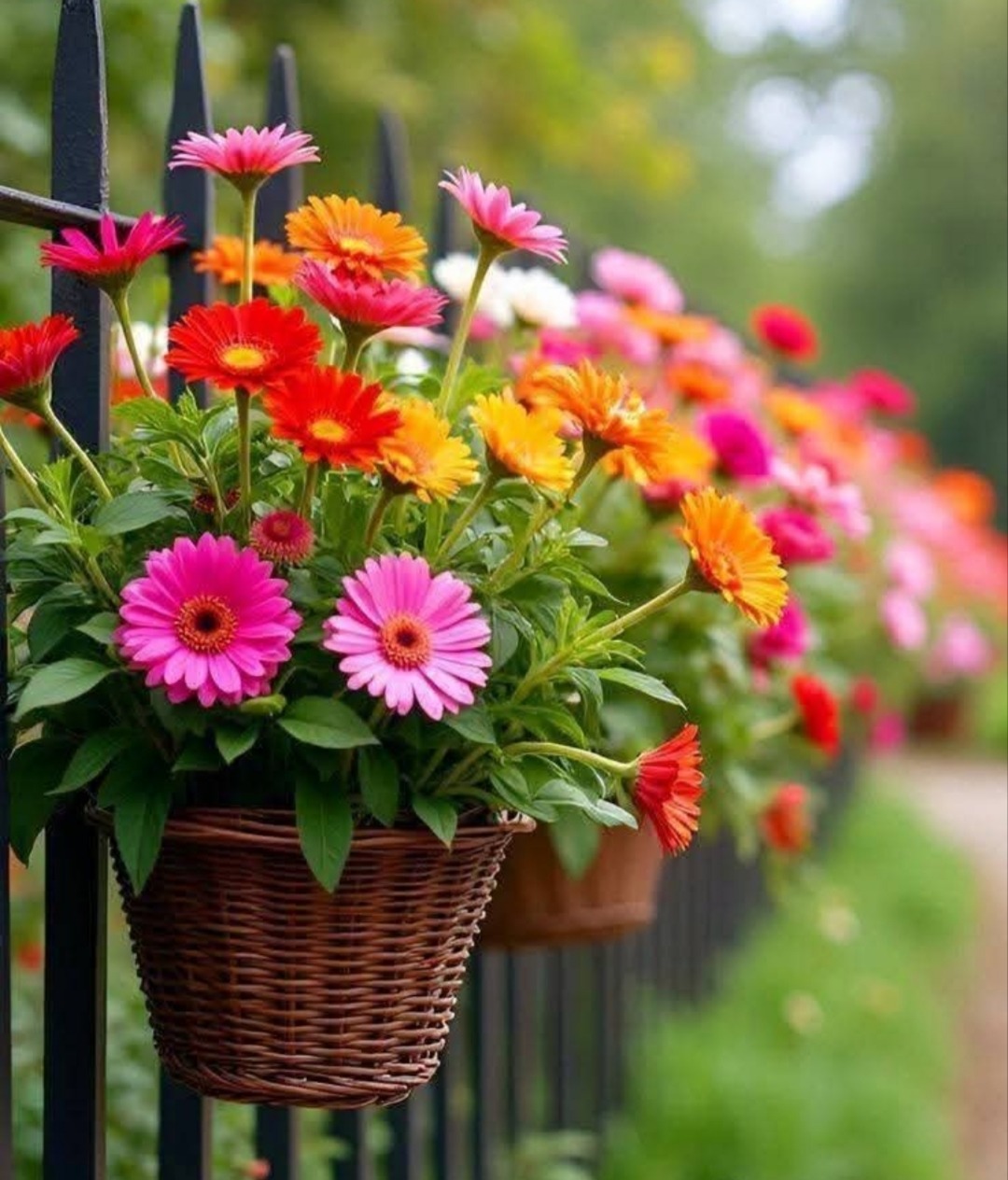 Colorful gerbera daisies in hanging baskets attached to a black garden fence