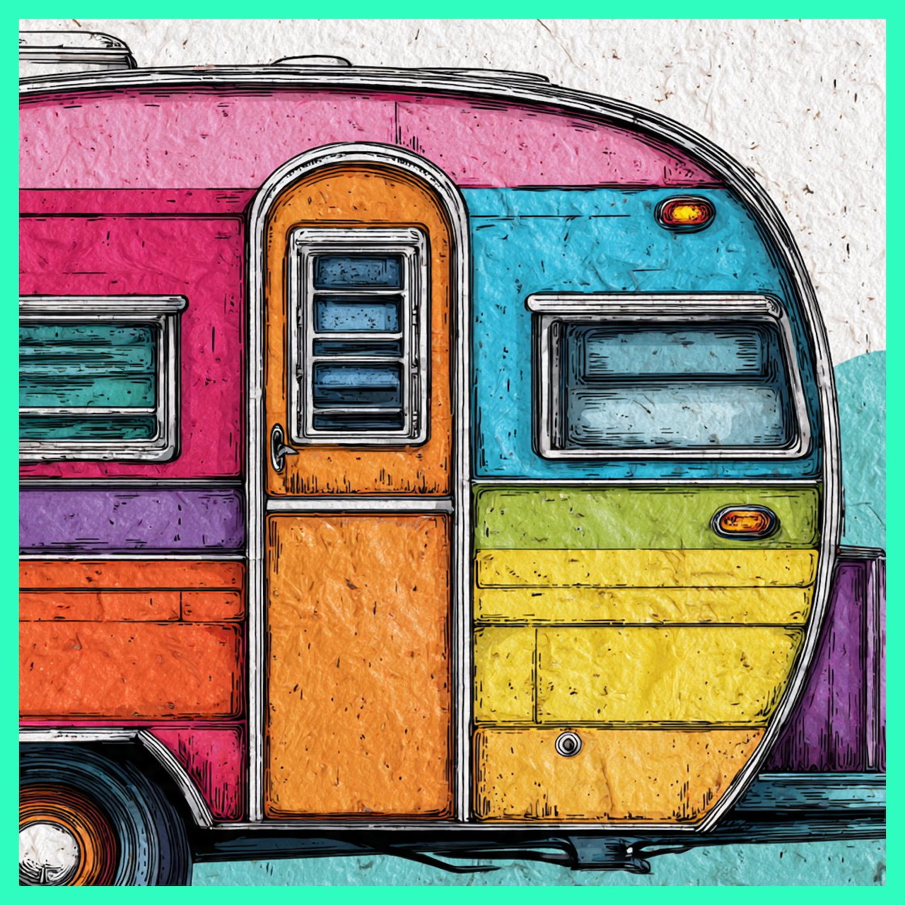 Colorful vintage camper trailer with rainbow-painted panels in pink, orange, yellow, blue, and purple