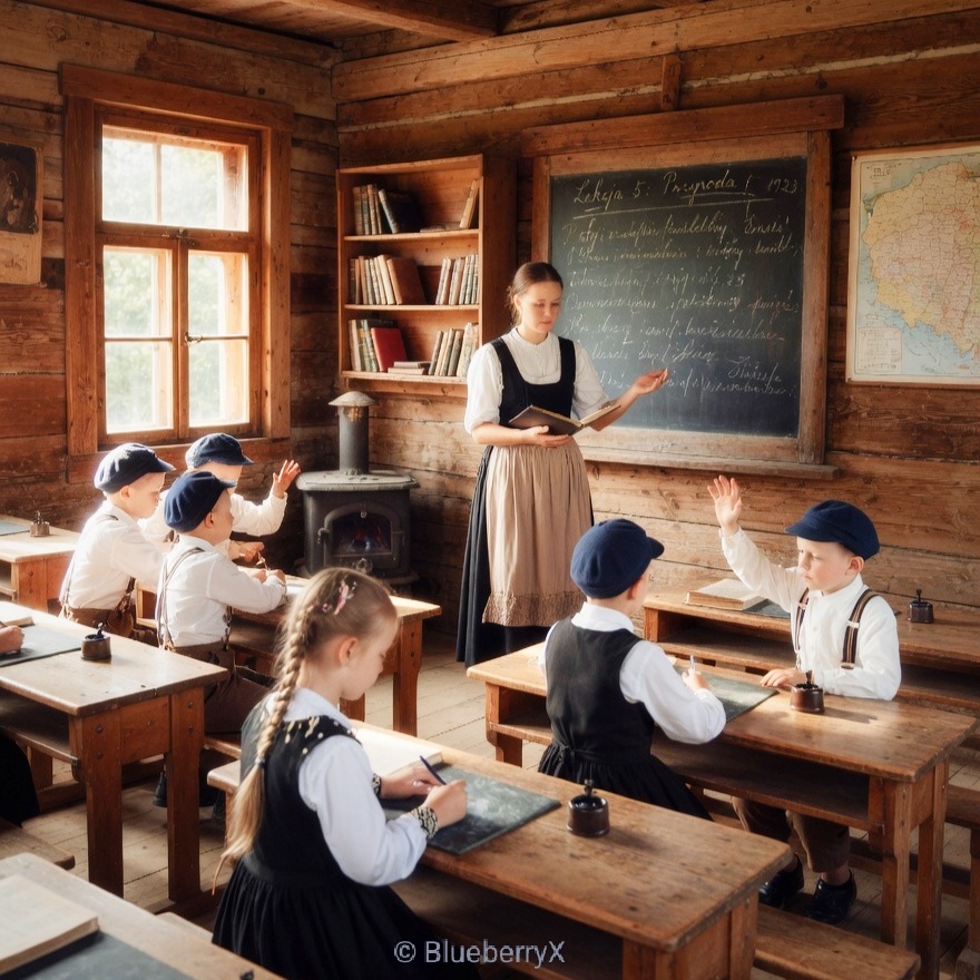 Teacher instructing children in a historic one-room wooden schoolhouse with chalkboard and simple wooden furniture
