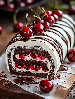 Sliced Swiss roll cake with chocolate drizzle, cream filling, cherries and cherry jam layers on wooden board