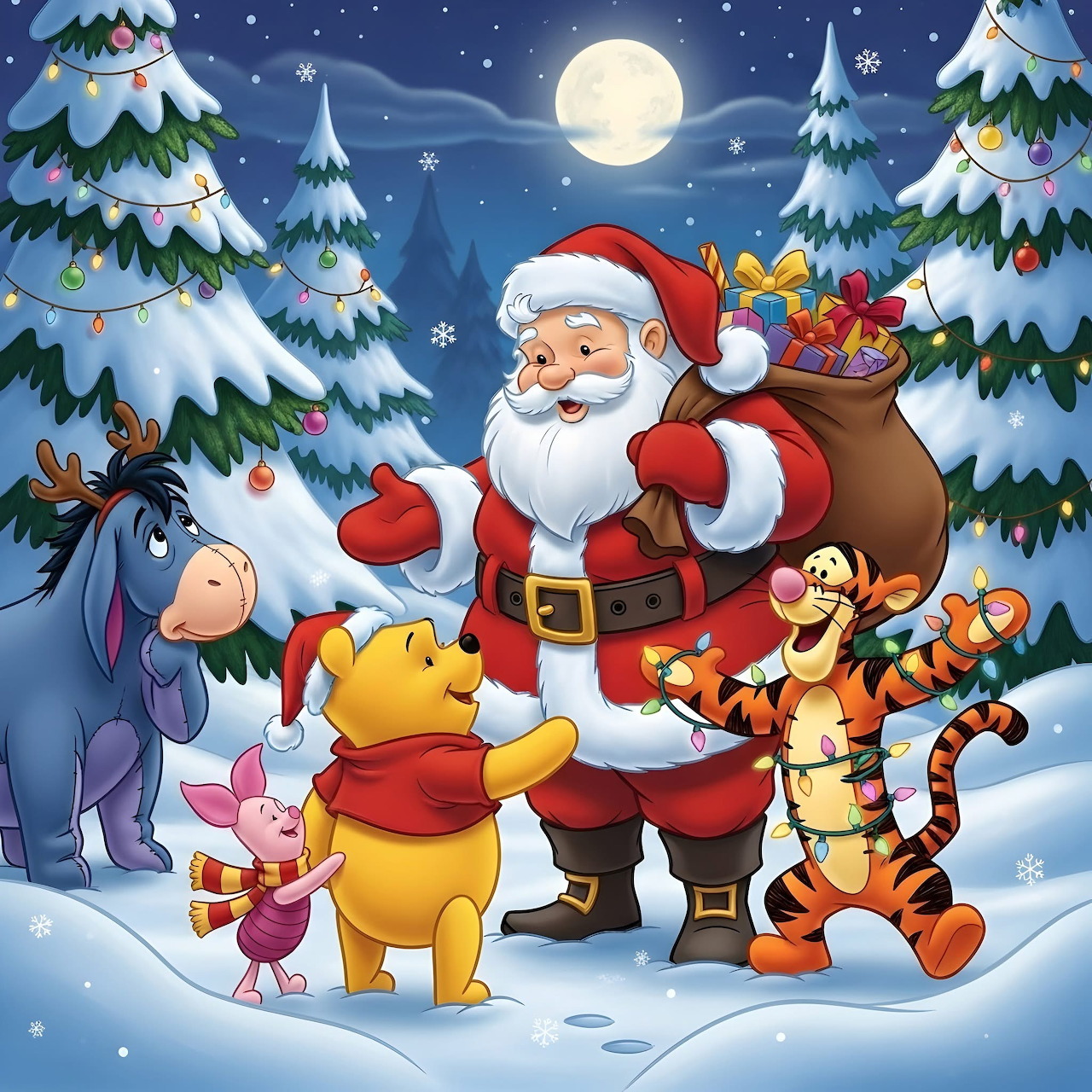 Winnie-the-Pooh and friends with Santa Claus in snowy Christmas scene