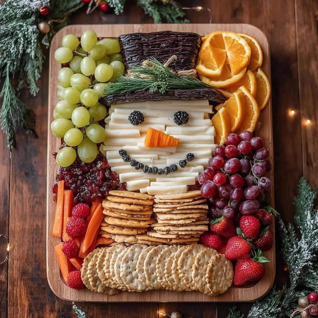 Festive snack board shaped like a snowman face with cheese, fruit, crackers, and vegetables