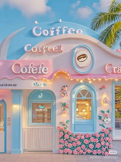 Pastel pink and blue cafe exterior with Coffee signage, arched windows, and pink roses in front