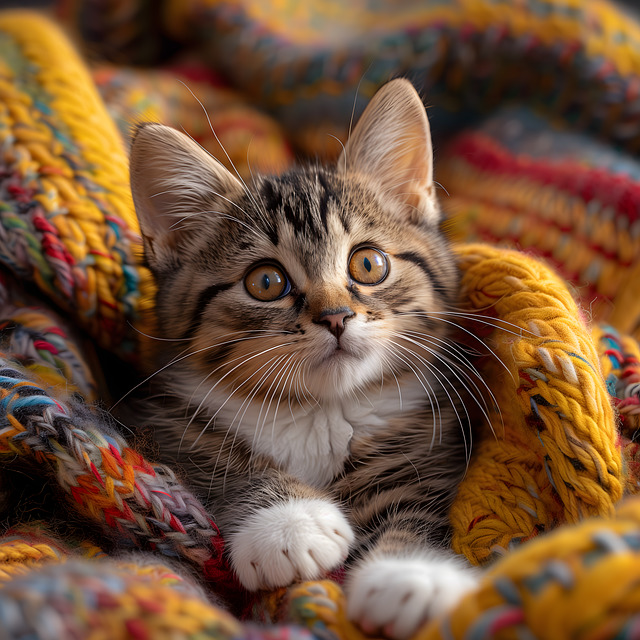 Tabby kitten with white paws sitting in a colorful knitted blanket