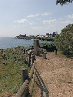 Dirt coastal path with wooden fence leading to a rocky shoreline with houses and trees in the background