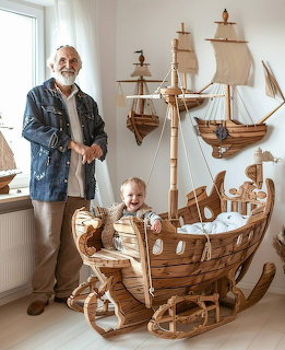 Older man and young child beside a large wooden rocking ship indoors