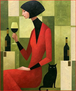 Art deco style illustration of woman in red dress holding wine glass with black cat