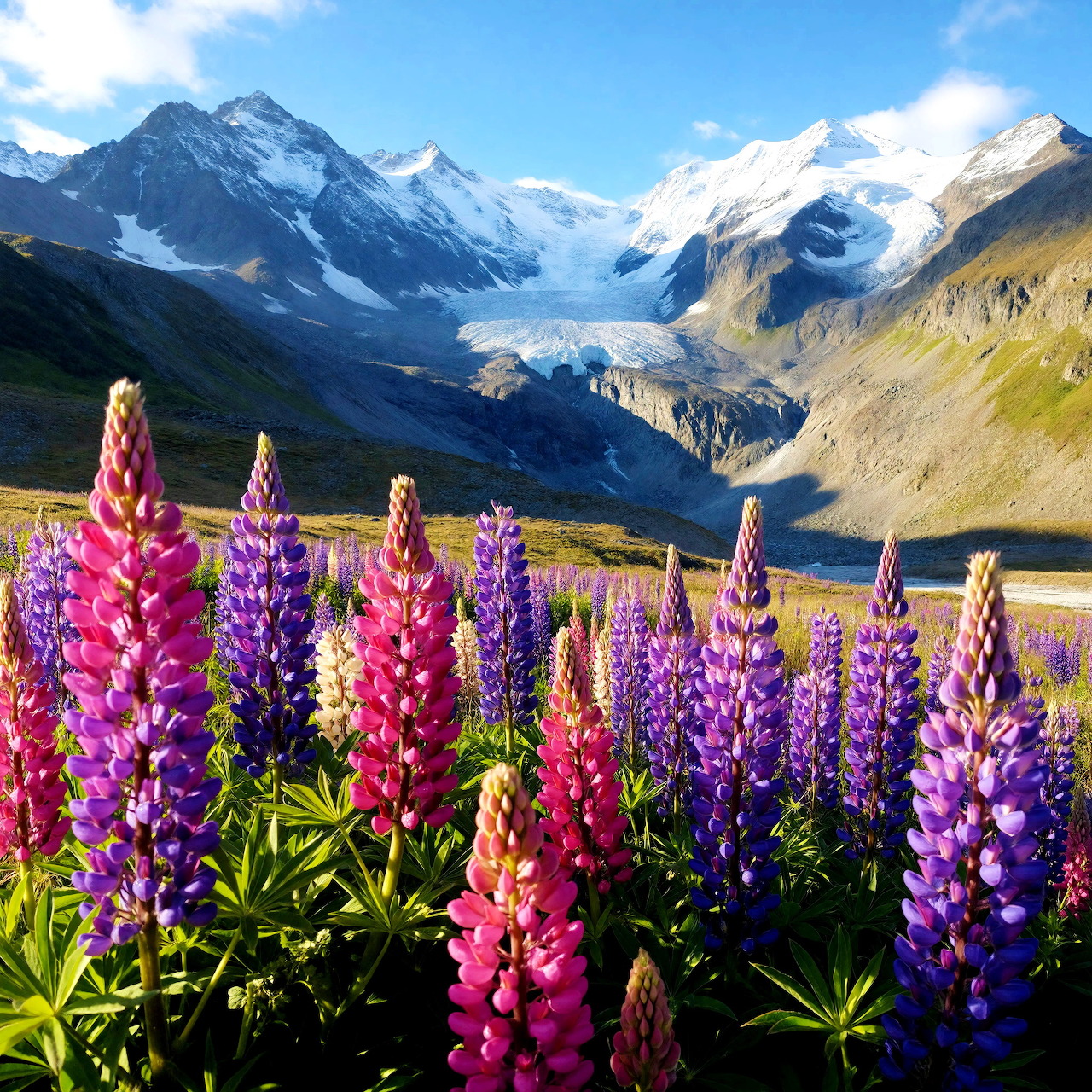 Purple and pink lupine flowers with snowy mountains and a glacier in the background