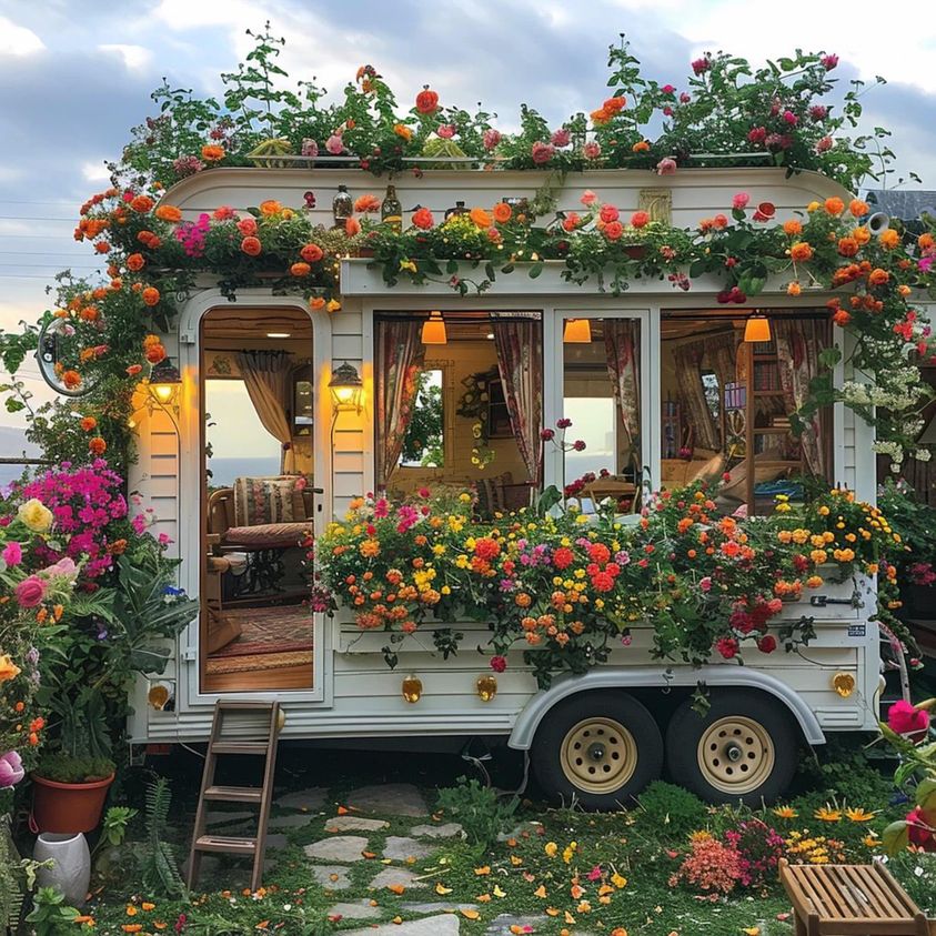 Tiny house trailer covered in colorful flowers with illuminated interior