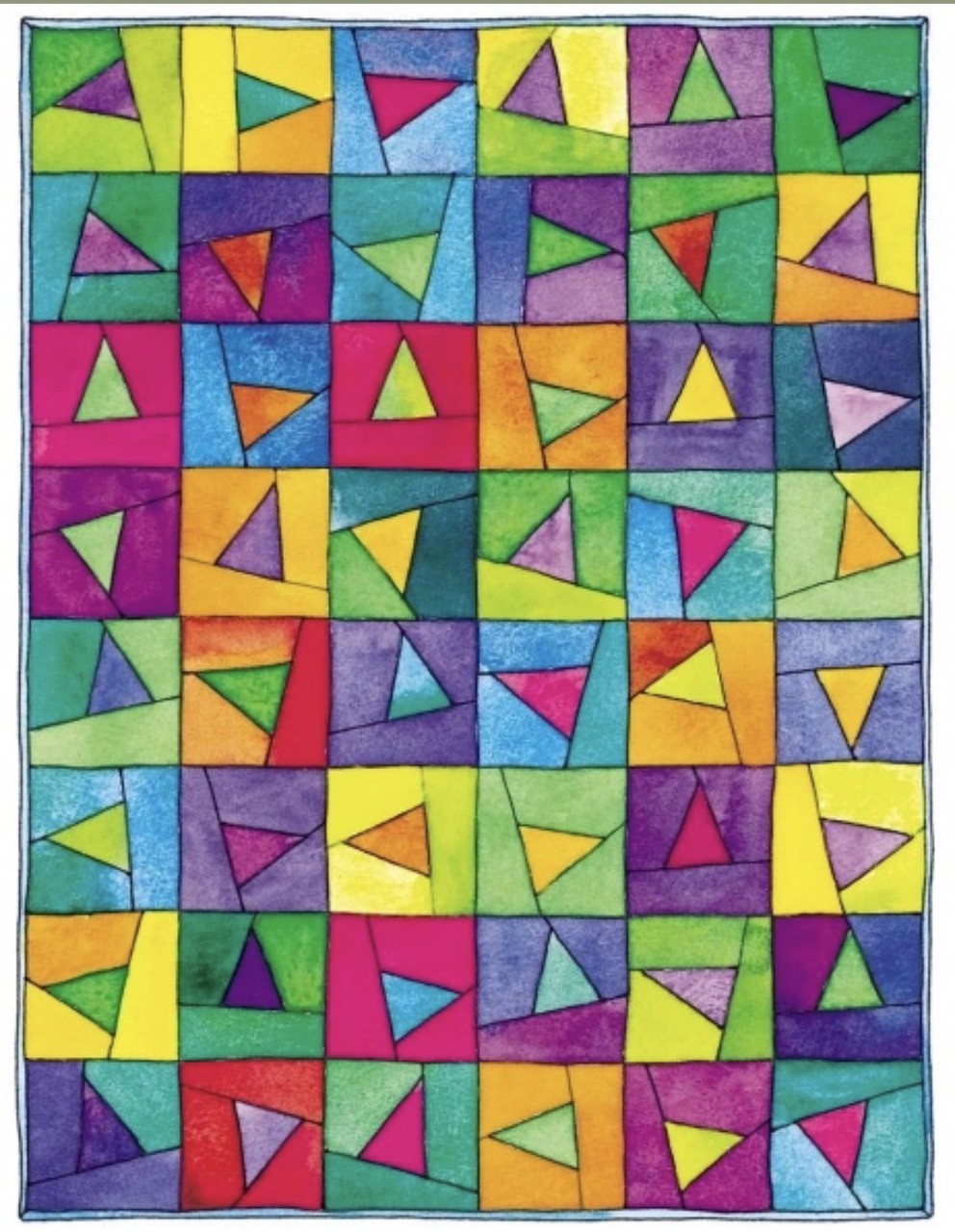 Colorful geometric pattern with triangles in squares arranged in a grid, resembling stained glass art