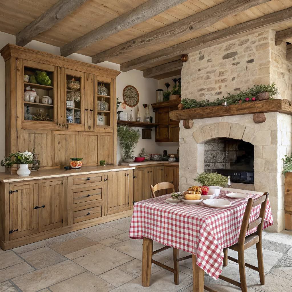 Rustic kitchen with stone walls, wood beams, fireplace, and checkered tablecloth