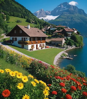 Alpine village with chalets beside lake, colorful flowers, snow-capped mountains in background