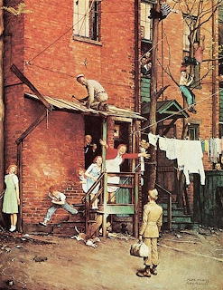 People gathered on outdoor stairs and balcony of red brick apartment building in vintage illustrative style