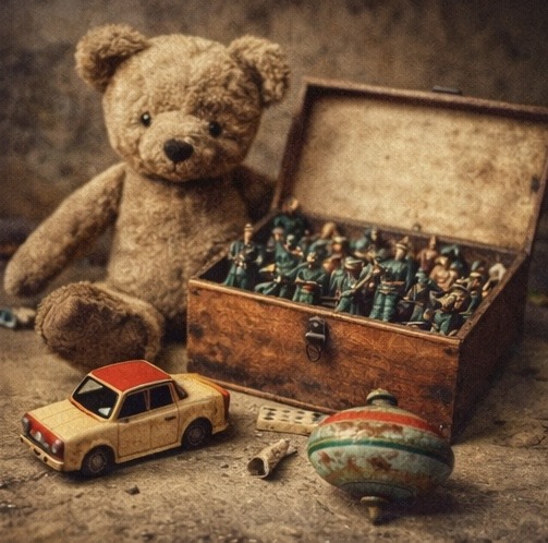 Vintage teddy bear, toy soldiers in a wooden box, toy car and spinning top on a rustic surface