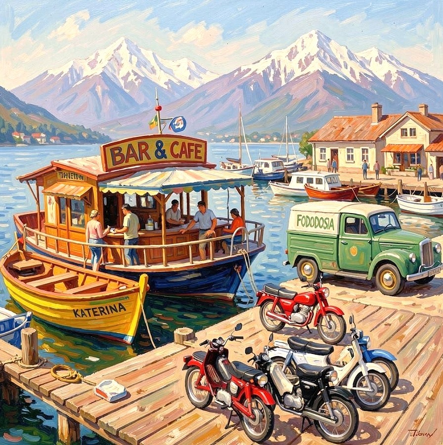 Lakeside harbor with wooden bar café boat, vintage van, bicycles on dock, mountains in background