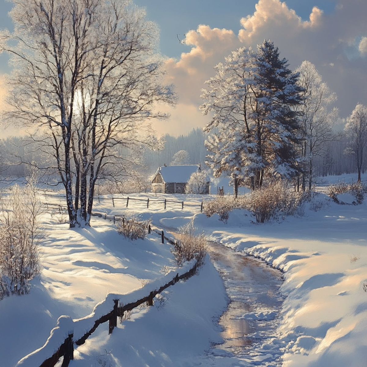 Snowy winter landscape with frozen stream, frost-covered trees, wooden fence and clouds