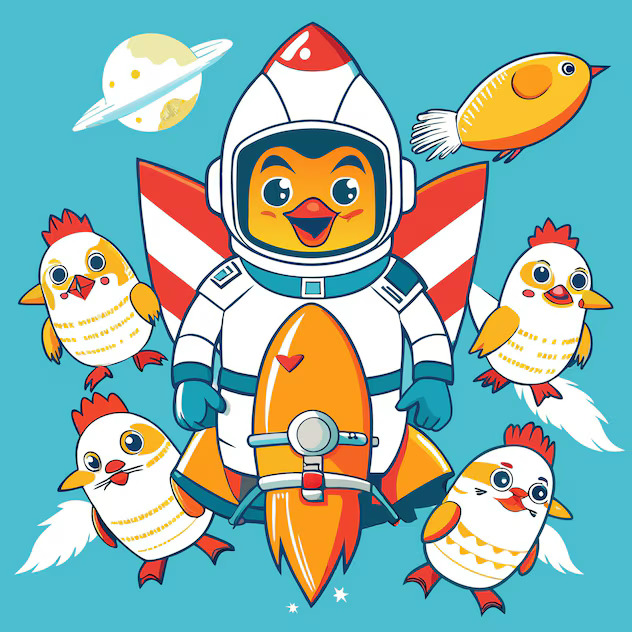 Cartoon chick astronaut on a rocket with small birds and a planet on a blue background