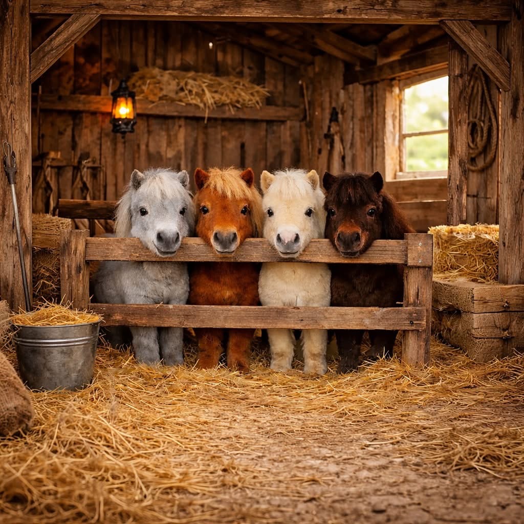 Four ponies of different colors lined up together in a wooden barn stable with straw on the ground