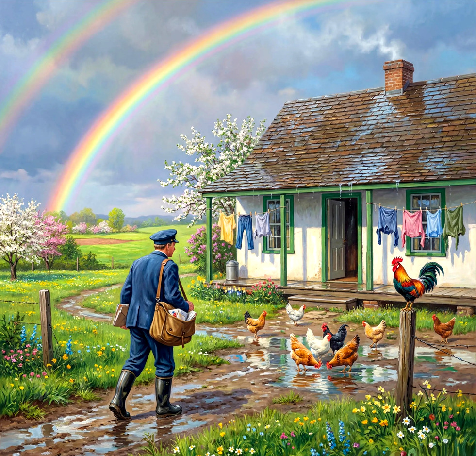 Pastoral painting showing farmhouse with double rainbow arching over rural scene with mail carrier and chickens