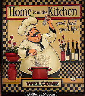 Cartoon chef stiring a red pot in a kitchen with checkered border and Home is in the Kitchen text