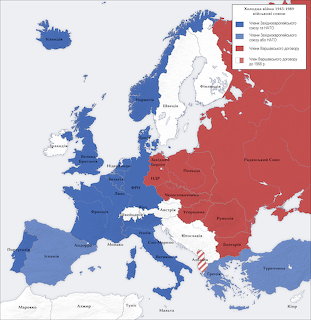 Cold War era map of Europe showing NATO and Warsaw Pact military alliance divisions in blue and red